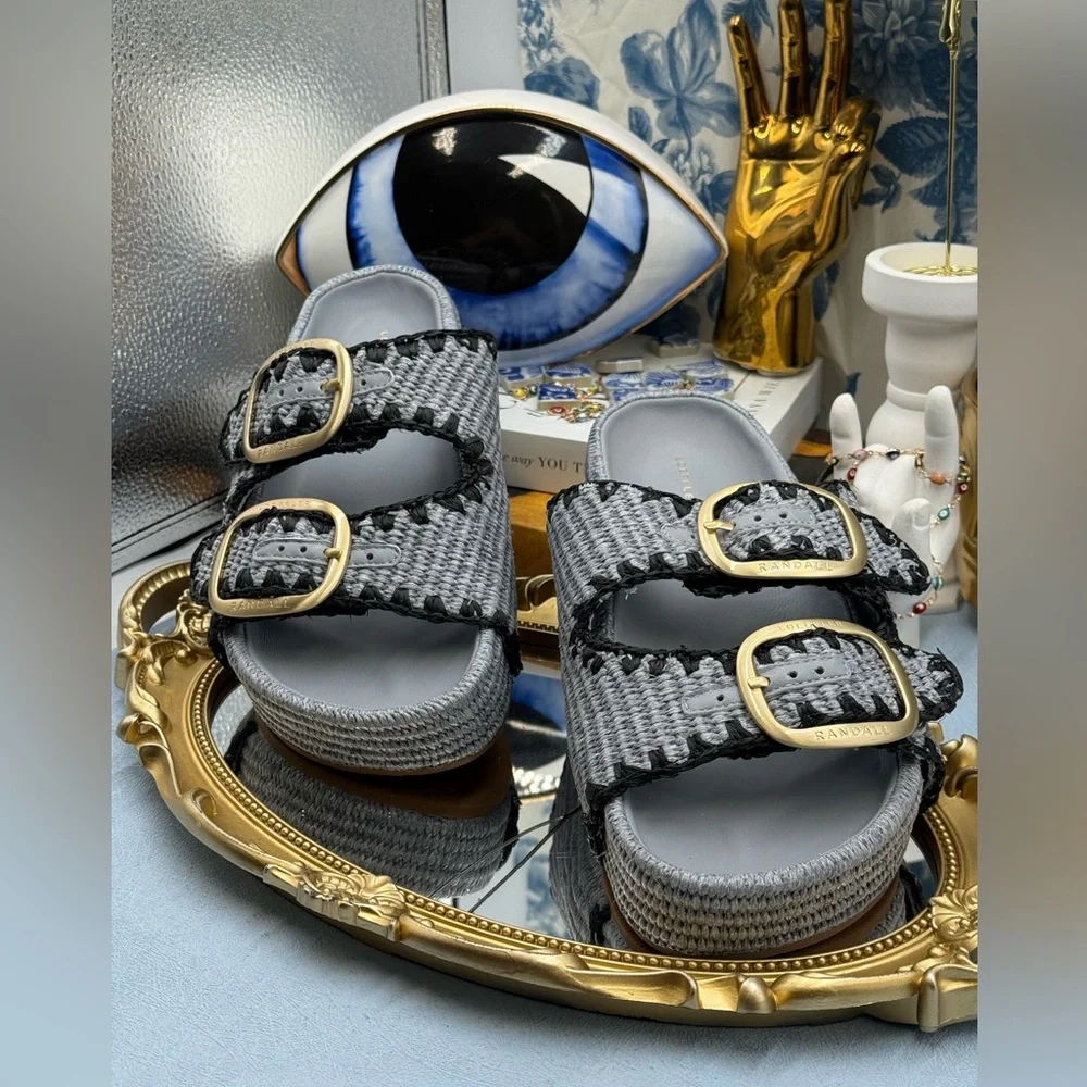 🆕 LOEFFLER RANDALL 🧿 NWOB Theo Embroidered Raffia Platform Sandal, Blue Sz 8